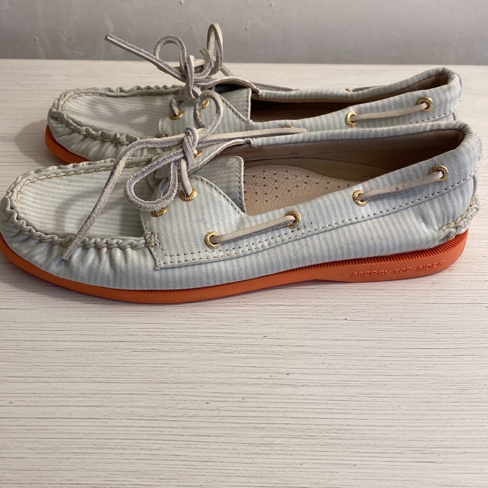 JCREW x Sperry Light Blue White Orange Boat Shoes 7